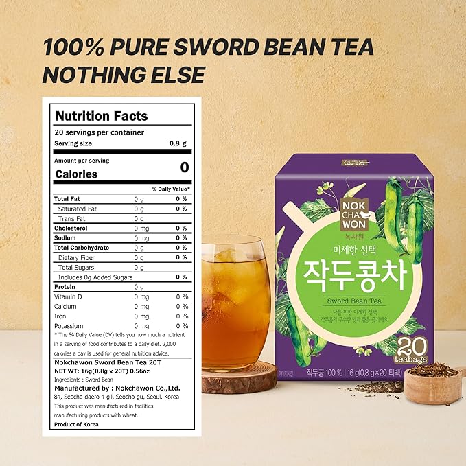 [Nokchawon] Sword Bean Tea – Refreshing Sword Bean Caffeine-Free Korean Herbal Tea, 20 Tea Bags, 16g (0.56oz)