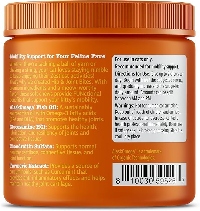 Zesty Paws Hip & Joint Bites for Cats - Glucosamine for Cats - with Chondroitin, Turmeric - Cat Joint Supplement for Hip & Joints - AlaskOmega Fish Oil with Omega-3 Fatty Acids - 60 Count