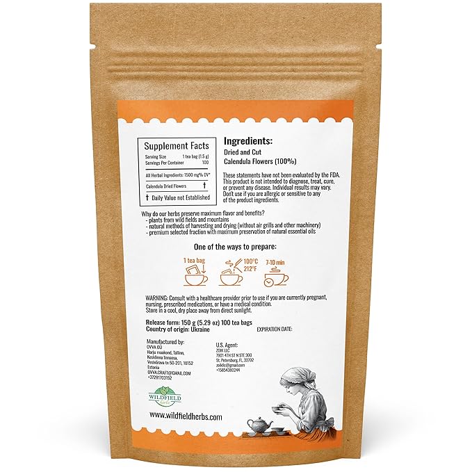 100 Bags Calendula Tea Dried Calendula Flowers Herb Tea (Caléndula Officinalis) - 100 Count 1.5 g Bags Kalendula