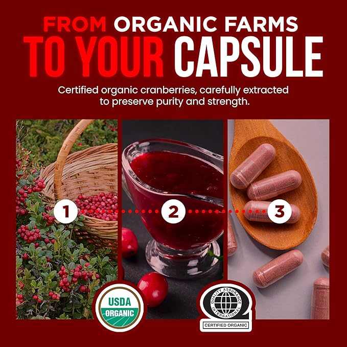 USDA Organic Cranberry Pills for Women – 25:1 Fruit Extract, 25,000 mg Strength – Urinary Tract & Bladder Support – Cranberry Supplement for Women & Men – Vegan, Non-GMO – 60-Day Supply – 120 Capsules