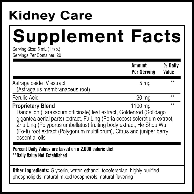 Quicksilver Scientific Kidney Care - Kidney Cleanse & Lymphatic Drainage Supplements - Astragaloside IV Extract, Zhu Ling, Goldenrod, Ferulic Acid, He Shou Wu & Dandelion Leaf (3.38oz / 100ml)