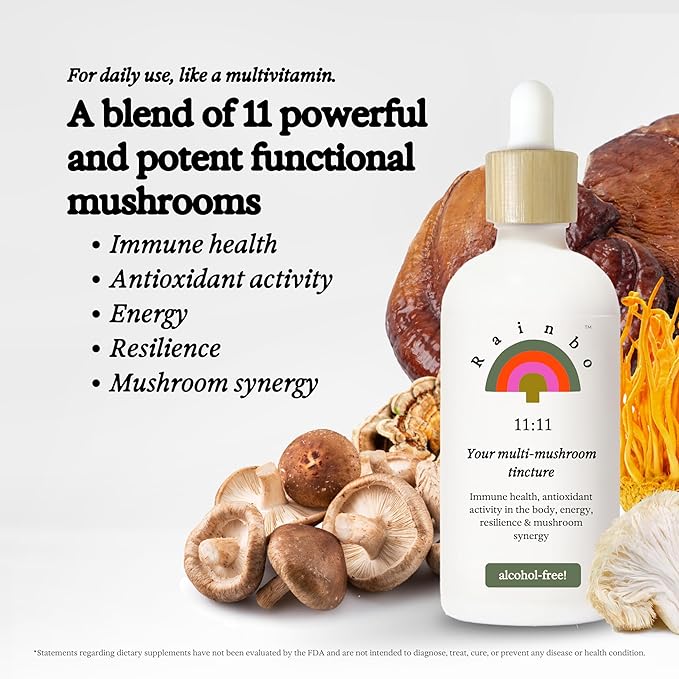 11:11 Multi Mushroom Tincture - 11-in-1 Alcohol Free - Dual Extract Mushroom Blend - Comprehensive Immune Support, Brain Support, Liquid Lion's Mane & Turkey Tail, Vegan, Non GMO, 3.4 fl oz