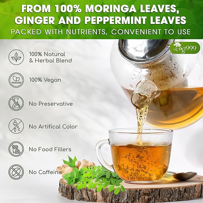 TOG999, Premium Moringa Ginger Peppermint Herbal Tea – 120 Tea Bags – Caffeine-Free, Plant-Based, Non-GMO, Naturally Refreshing Flavor, No Artificial Additives, No Sugar, No Gluten. Vegan