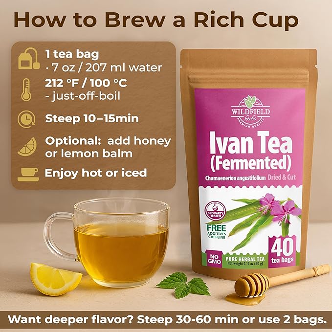 40 Bags Ivan Tea Siberian Fireweed Tea Herb Blooming Sally (Chamerion Angustifolium) - Ivan Chai 40 Count 1.5 g Bags Epilobium Angustifolium Иван Чай
