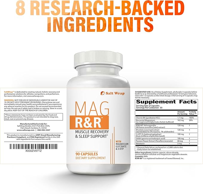 SaltWrap Mag R&R - Nighttime Muscle Cramps Support, Natural Sleep Support for Adults with Magnesium Glycinate for Muscle Spasm and Leg Cramps Relief, 90 Capsules
