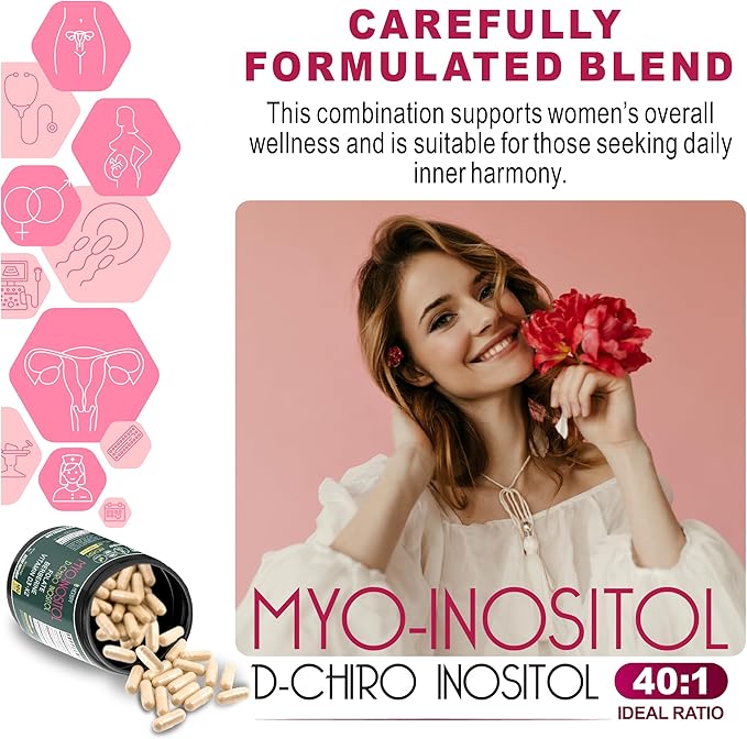 6in1 Premium 40:1 Myo-Inositol & D-Chiro Inositol Supplement for Women with Folate, Berberine HCl 97%, Vitamin D3 & K2 - Hormonal Balance & Ovarian Health Support- 120 Vegan Capsules