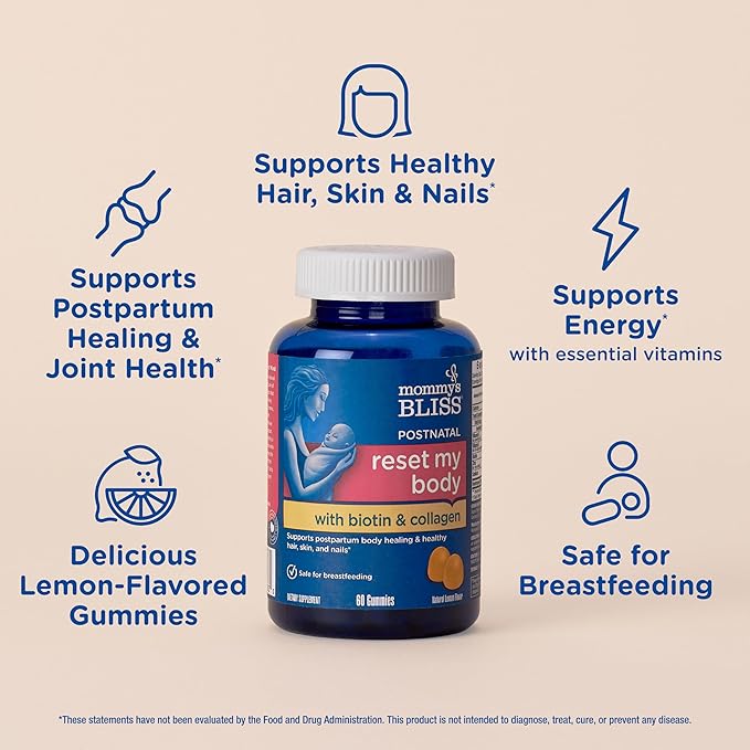 Mommy's Bliss Postnatal Support Reset My Body Gummies with Biotin & Collagen, Supports Postpartum Energy, Healing & Joint Health + Hair, Skin & Nails Health, Gluten Free, 60 Gummies (30 Servings)