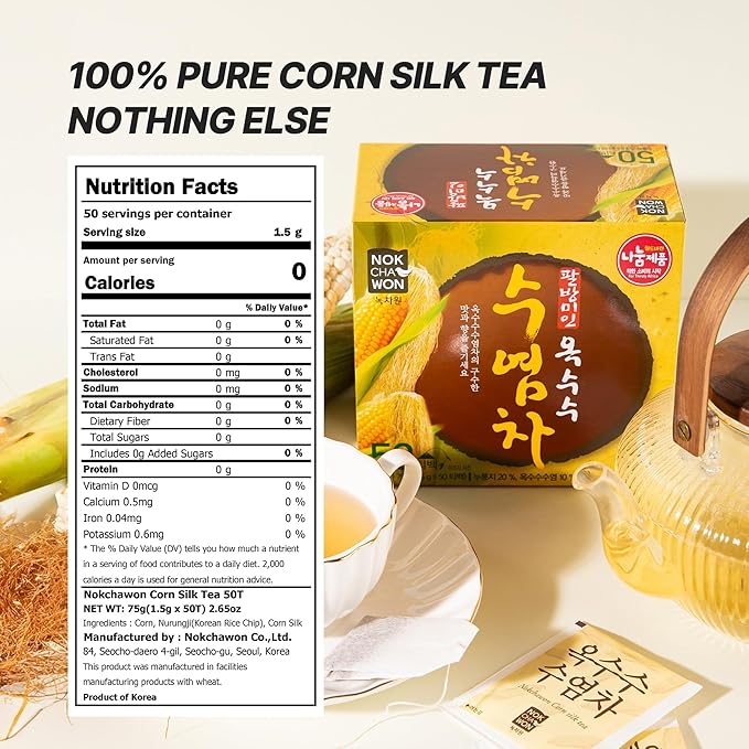 [Nokchawon] Corn Silk Tea | Toasted Korean Herbal Tea Blend with Scorched Rice(Nurungji) | Rich Nutty Flavor, Caffeine-Free Roasted Grain Tea, korean tea, 50 Bags, 80g (2.82oz)