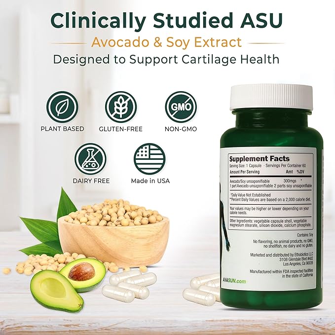 ASU Joint Support Supplement – 300mg Avocado Soy Unsaponifiables for Joint Comfort, Mobility & Cartilage Health, Clinically Studied, Plant-Based, Non-GMO, Gluten-Free, 60 Capsules (6 Month Supply)