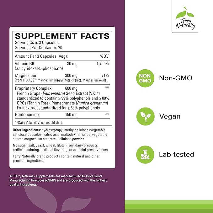 Terry Naturally Clinical OPC Heart - Heart Health Supplement with Magnesium, Vitamin B6, Grape Seed Extract - Dietary Supplement for Artery Health & Circulation - 60 Capsules