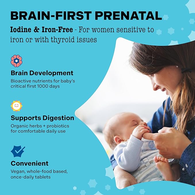 Mama Bird - Prenatal Multi+ No Iodine or Iron (30 Servings) Prenatal Vitamins for Women - 30+ Essential Nutrients, Baby Brain Health - L-Methylfolate & Probiotics - Vegan, Gluten Free, Non GMO