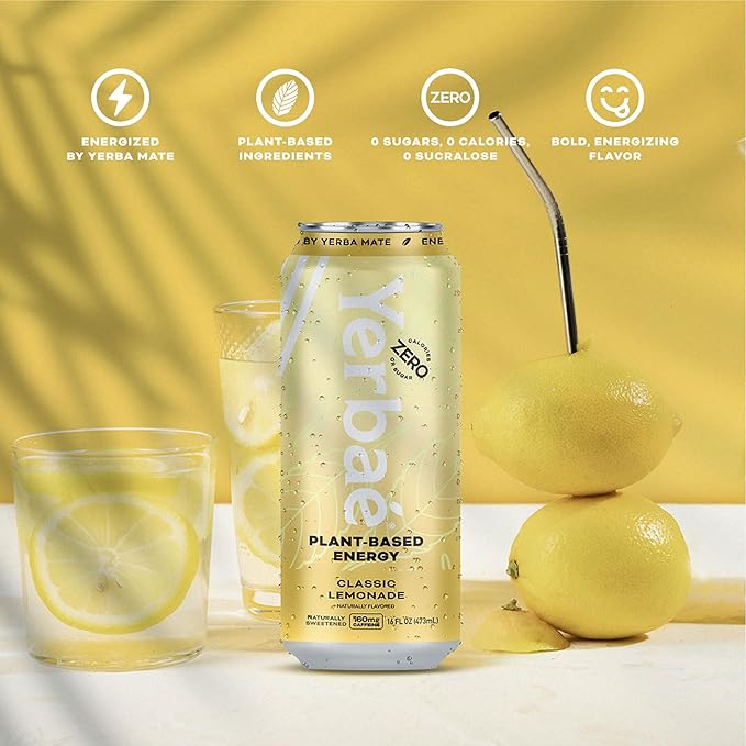 Yerbae Energy Beverage - Classic Lemonade, 0 Sugar, 0 Calories, 0 Carbs, Energized by Yerba Mate, Plant-Based, Healthy Alternative to Sugary Drinks, 16oz cans (12 Pack)