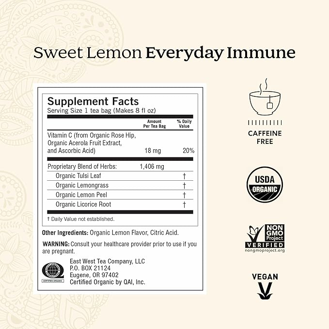 Yogi Tea Sweet Lemon Everyday Immune Tea - 16 Tea Bags per Pack (6 Packs) - Daily Immune Support Tea - Delicious Lemon Tea Bags - Includes Tulsi, Lemongrass, Rose Hip, Lemon Peel & More