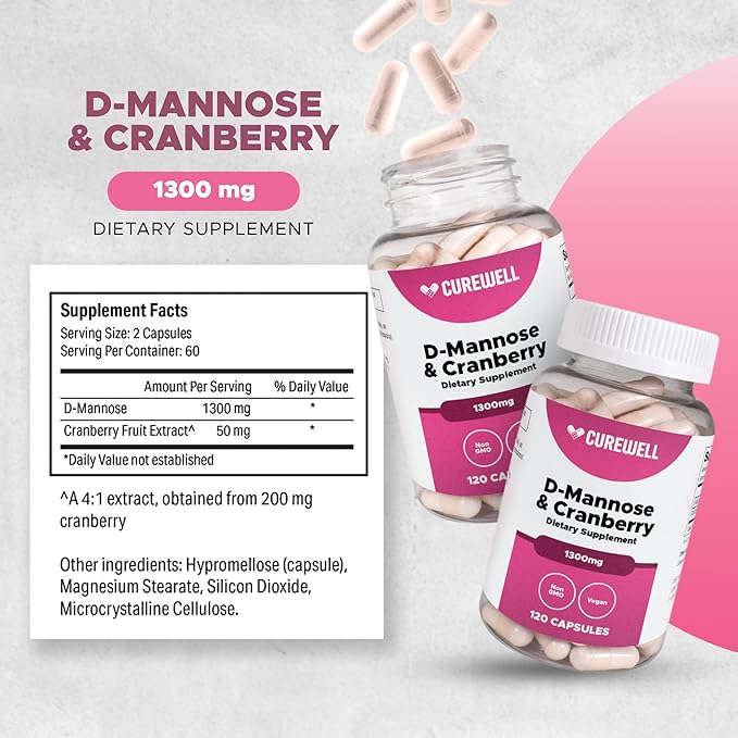 D-Mannose & Cranberry 1300mg (120 Capsules) | Vegan & Non-GMO Urinary Tract Health Supplement | UTI Defense & Bladder Support for Women & Men | Natural Urinary Cleanse & Immune Support