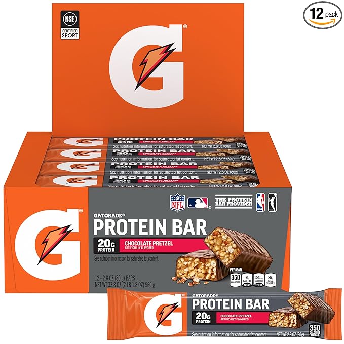 Gatorade Whey Protein Bars, Chocolate Pretzel, 2.8 oz bars (Pack of 12, 20g of protein per bar)