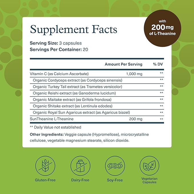 Youtheory Mushroom Stress Complex, Organic Full-Spectrum Mushrrom with L-Theanine, Help Reduce Stress and Promotes Mental Calmness, 60 Vegetarian Capsules