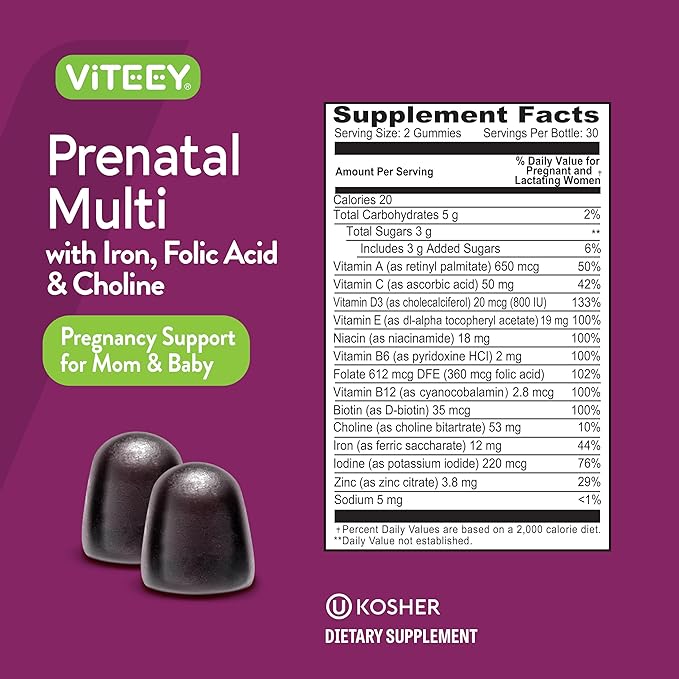 Viteey Prenatal Gummies for Women - Prenatal with Iron for Pregnancy with Choline & Folic Acid Gummies - Vegetarian, Gluten Free - 120 Count