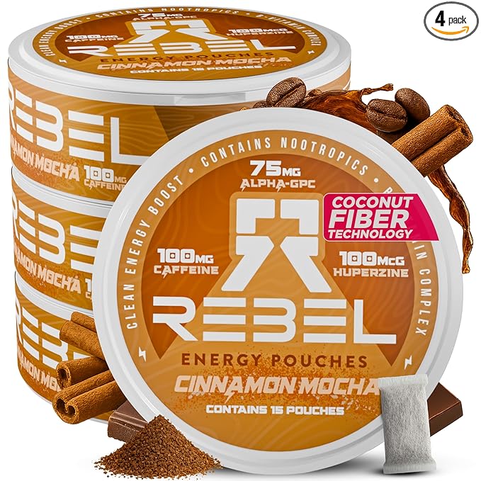 Nootropic Energy Caffeine Pouches (Cinnamon Mocha) • 100mg Caffeine • Alpha GPC • Huperzine A & Essential Vitamins • Sugar-Free • Coconut Fiber Technology • 15 Pouches Per Can (Pack of 4)