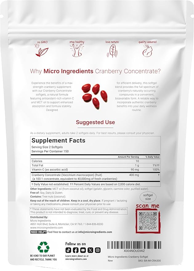 Micro Ingredients Cranberry Supplement for Women | 300 Softgels with Vitamin C & MCT Oil | Highly Bioavailable 40,000mg Equivalent Extract | Cranberry Pills for Women Support Urinary Tract Health
