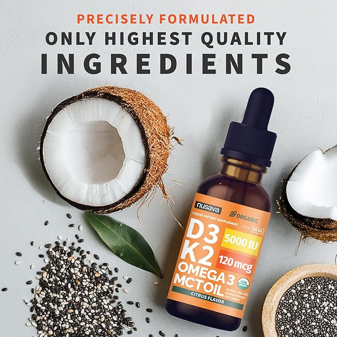 (2 Pack) Organic Vitamin D3 K2 Drops with MCT Oil Omega 3, 5000 IU, Maximum Strength Vitamin D Liquid, No Fillers, Non-GMO Liquid D3 for Faster Absorption, Immune Support (Citrus Flavor, 2 Fl Oz)