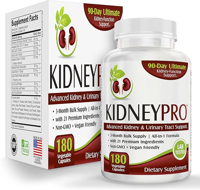Kidney-Pro (3-Month) with 21 Kidney Support Supplements in 1 Formula | Health Supplement | 90-Day Bulk Supply | 180 Capsules