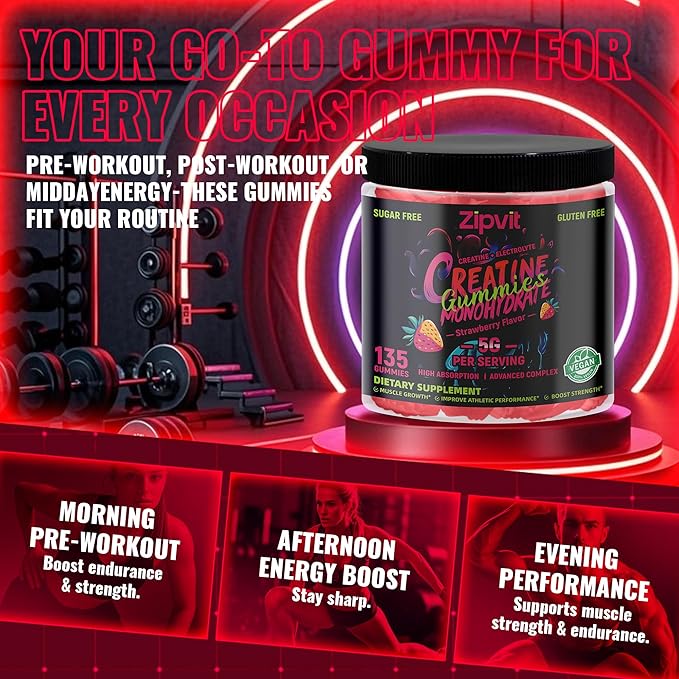 Zipvit Creatine Monohydrate Gummies (5g) – Pre-Workout Energy & Muscle Growth Support for Men & Women | Strawberry Electrolyte Gummies (135 Count)