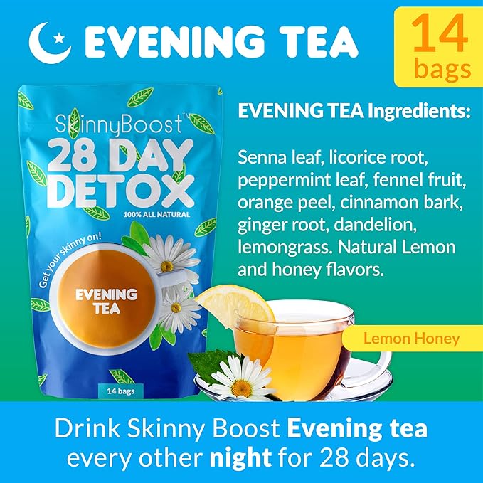 Skinny Boost Detox Tea Kit Slimming Tea for Weight, Metabolism, Energy, Bloating & Colon Cleanse – Green Tea, Herbal, Vegan, Keto, Non-GMO, Sugar-Free-4 PACK –1 Daytime (28 Bags) + 1 Evening -(14 Bags)