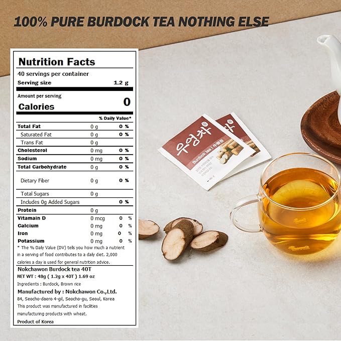 [Nokchawon] Burdock Root Tea, Burdock Tea, Pure Ingredient Herbal Tea from Korea, for Stocking Stuffers and White Elephant Gifts, 40 Count Tea Bags, 1.69oz(48g)