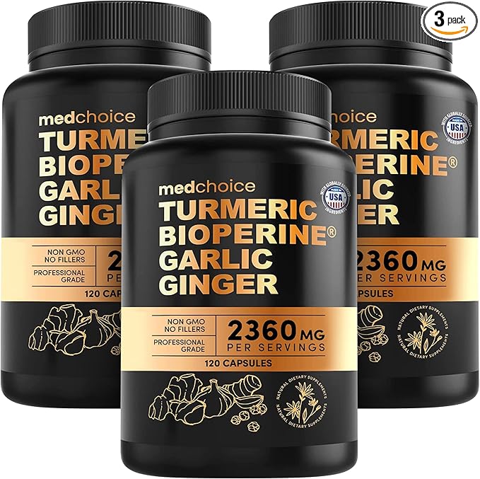 4-in-1 Turmeric and Garlic Supplements with Bioperine 2360 mg Turmeric Ginger Root Capsules with Garlic for Joint, Digestion & Immune Support (120ct, Pack of 3)
