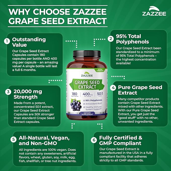 Zazzee High Strength Grape Seed 50:1 Extract, 180 Vegan Capsules, 95% Polyphenols, 400 mg per Capsule, 6 Month Supply, Standardized and Concentrated 50X Extract, Non-GMO, Made in The USA