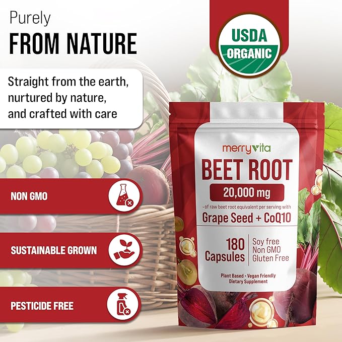 Beet Root Capsules with Grape Seed & CoQ10 - Blood Pressure Support Supplement - Nitric Oxide Booster - Super Beets Supplement for Heart, Energy, Circulation - 180 Vegan Capsules, Non GMO