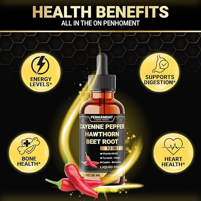 2 Packs - 2700 mg 10in1 Cayenne Pepper Liquid Drops with Hawthorn Berry, Vitamin D3 K2, Beet Root, Ginger Turmeric, Ginger, Ceylon Cinnamon, Berberine, and Ginseng - 2 Months