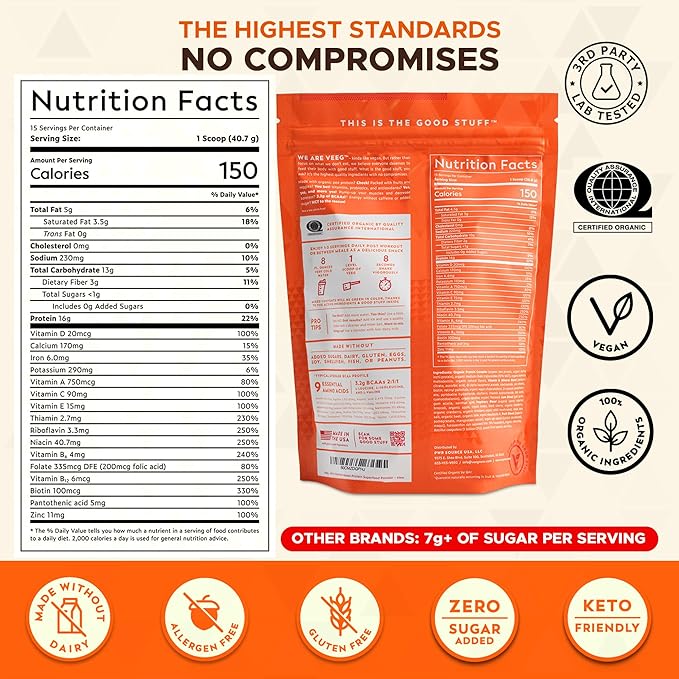 Veeg All in One Protein Smoothie Powder – Vegan Protein Powder & Collagen Boost. Organic Pea Protein, MCT, Probiotics & Multivitamin. One Scoop Daily Energy, Wellness & Balance 15 Servings (Chocolate)