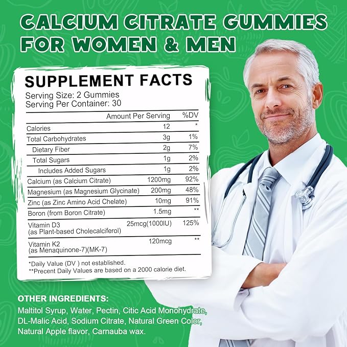 (2 Pack) Calcium Citrate 1200 mg with Vitamin D3 Gummies for Women & Men, Calcium Magnesium Zinc with Vitamin D3 K2 Supplement for Bone & Teeth Support, Natural Apple Flavor - 60 Day Vegan Supply