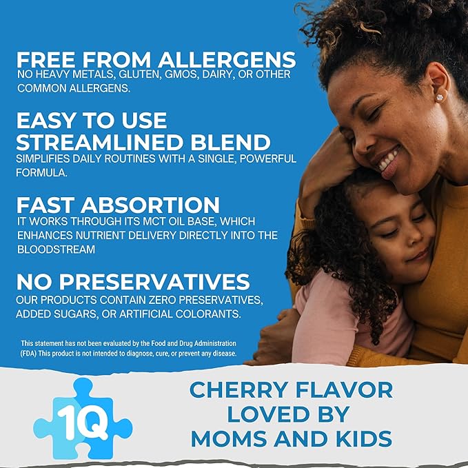 1Q Focus – Liquid Cognitive & Brain Support Drops for Kids | Acetyl L-Carnitine + B1, B6, B12 & Folate | Sugar-Free, Vegan, Non-GMO, Gluten-Free | Advanced Absorption | 2 fl oz 30 Servings