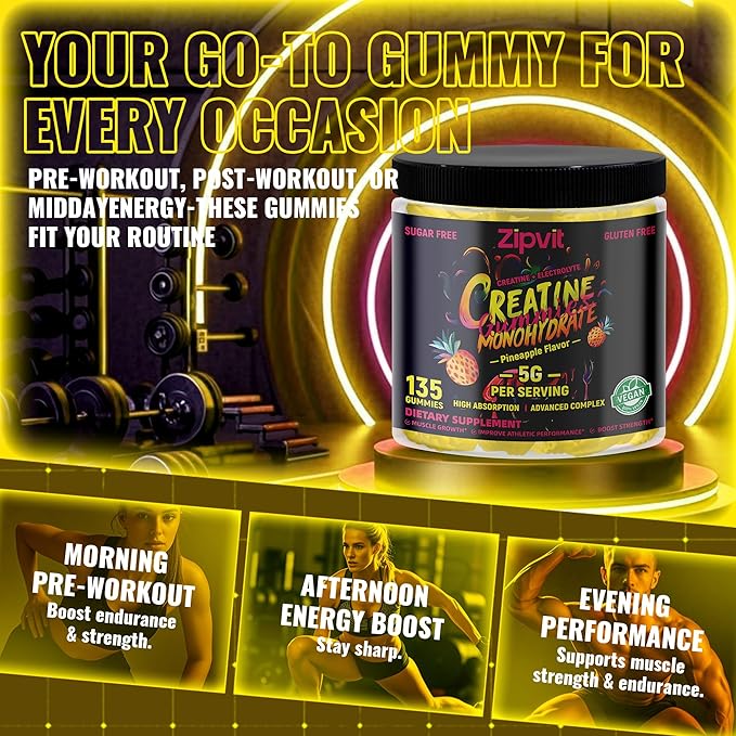 Zipvit Creatine Monohydrate Gummies (5g) – Pre-Workout Energy & Muscle Growth Support for Men & Women | Pineapple Electrolyte Gummies (135 Count)