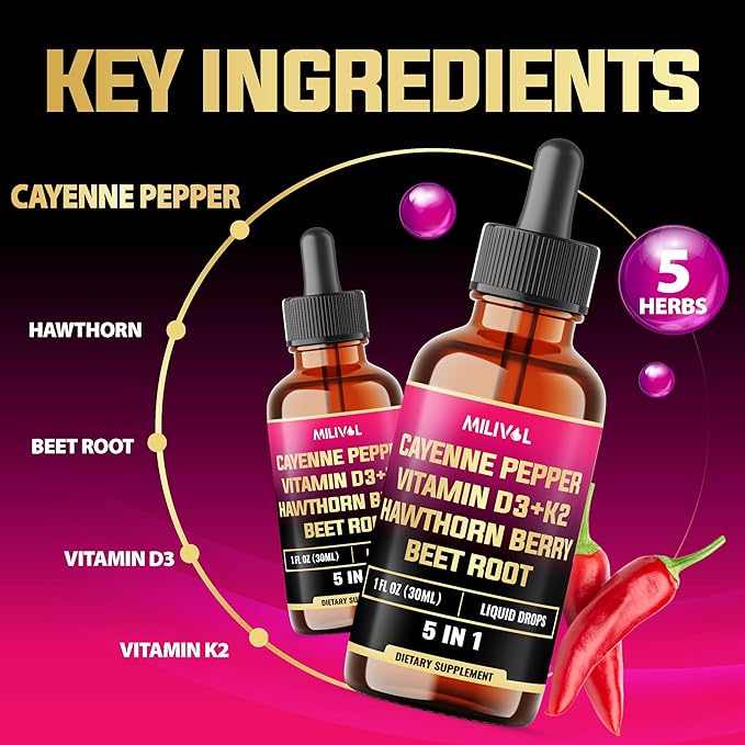 5in1 Cayenne Pepper Liquid Drops with Vitamin D3, Vitamin K2, Hawthorn Berry and Beet Root - Digestion Support - 1 FL Oz - 60 Days Supply