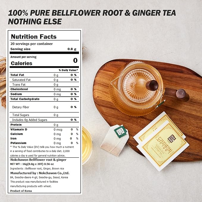 [Nokchawon] Bellflower Root Ginger Tea, Caffeine Free, Premium Pure Herbal Tea, Zero Calories Korean Tea, for Stocking Stuffers and White Elephant Gifts, 20 Count Tea Bags, 0.56oz(16g)