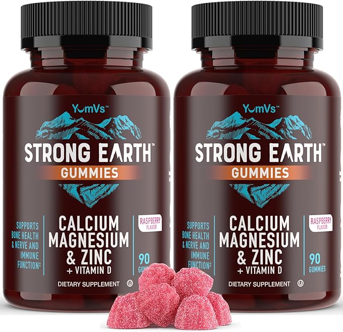 YUM-V'S Calcium, Magnesium, Zinc & Vitamin D Gummies, Cal Mag Chewable Supplement, Vegetarian Kosher Halal Natural Raspberry Flavor Gummies for Adults Women & Men - 90 Count (Pack of 2)