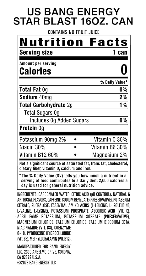 Bang Energy Star Blast, Sugar-Free Energy Drink, 16 Ounce | Pack of 12