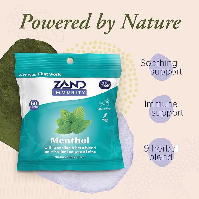 ZAND Immunity Menthol Throat Lozenges 2 Pack - Good-for-You Dry Mouth Lozenges - Immune Support Supplement w/Menthol, Zinc 5mg, Slippery Elm, Soothe a Dry Throat, Natural Flavor, Gluten Free, 50ct ea
