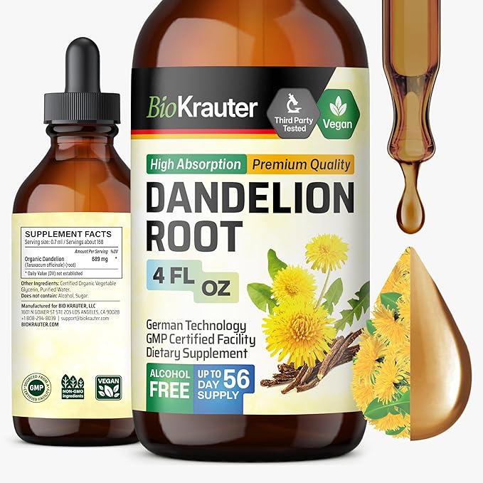 BIO KRAUTER Dandelion Tincture - Pure Dandelion Root Supplement for Liver & Kidney Support - 4 Fl. Oz - 56 Days of Supply - Vegan Extract Liquid Drops Non-GMO, No Fillers, No Sugar & Non-Alcohol