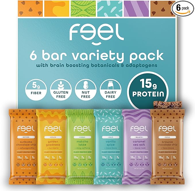 Feel Vegan Protein Bars, Variety Pack, Adaptogenic Snack, Keto, Gluten Free, Organic, 15g Protein, Low Carb, Dairy Free, 6 Flavors, Non GMO, Soy Free, Grain Free – 6 Pack