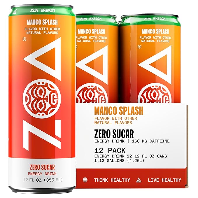 ZOA Zero Sugar Energy Drinks, Mango Splash - Sugar Free with Electrolytes, Healthy Vitamin C, Amino Acids, Essential B-Vitamins, and Caffeine from Green Tea - 12 Fl Oz (Pack of 12)
