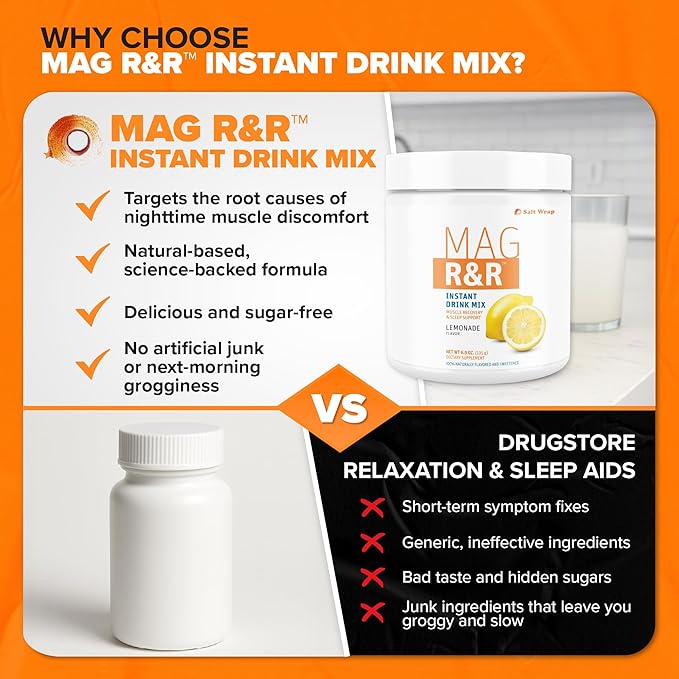 SaltWrap Mag R&R Instant Drink Mix - Sugar-Free Nighttime Magnesium Glycinate Powder with Stevia & FiberSMART® - Muscle Cramp & Leg Cramps Relief, Sleep & Relaxation Support - 30 Servings