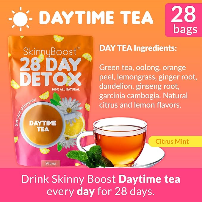 Skinny Boost Detox Tea Kit Slimming Tea for Weight, Metabolism, Energy, Bloating & Colon Cleanse – Green Tea, Herbal, Vegan, Keto, Non-GMO, Sugar-Free-4 PACK –1 Daytime (28 Bags) + 1 Evening -(14 Bags)