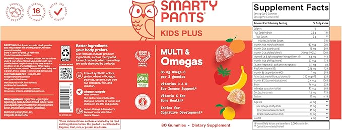 SmartyPants Kids Multivitamin Gummies - Improved Formula: Omega 3 (DHA/EPA), Vitamins D3, C, B12, B6, Vitamin A, K & Zinc, Gluten Free, Three Fruit Flavors, 80 Count (40 Day Supply)