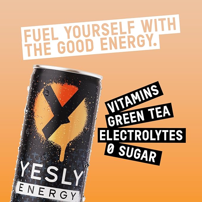 Yesly Energy - All Natural Clean Energy Drink - Zero Sugar Functional Energy – 114mg of Green Tea Extracted Caffeine Per Serving - Variety Pack, 12 Fl Oz (Pack of 12) (12 Fl Oz (Pack of 12), Orange Cream)