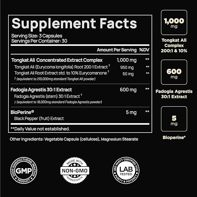 228,000mg 200x Strength Tongkat Ali for Men w. 30x Fadogia Agrestis Extract - 10% Eurycomanone Highest Potency Longjack Fadogia Agrestis Tongkat Ali Supplement - Muscle Growth Support Pills for Men