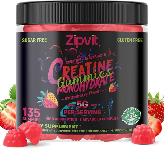 Zipvit Creatine Monohydrate Gummies (5g) – Pre-Workout Energy & Muscle Growth Support for Men & Women | Strawberry Electrolyte Gummies (135 Count)